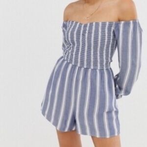 Hollister Juniors Chambray and White Smocked Striped Romper Off The Shoulder Med